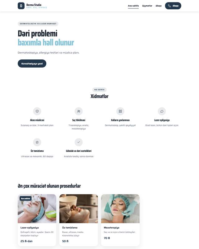 Dermatologiya · Təmiz sayt dizaynının ekran görüntüsü