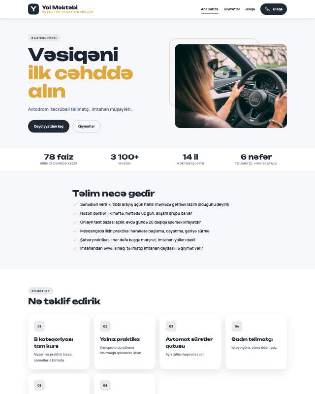 Sürücülük məktəbi · Yol veb sayt şablonunun ekran görüntüsü