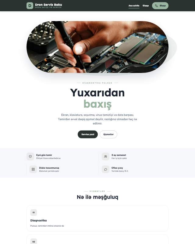 Dron xidmətləri · Sakit sayt dizaynının ekran görüntüsü