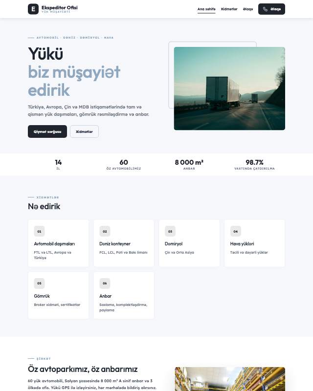 Ekspeditor xidməti veb sayt şablonunun ekran görüntüsü