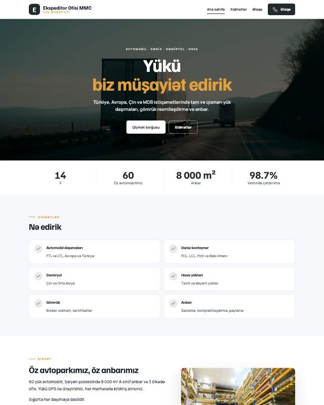 Ekspeditor xidməti · Kart veb sayt şablonunun ekran görüntüsü