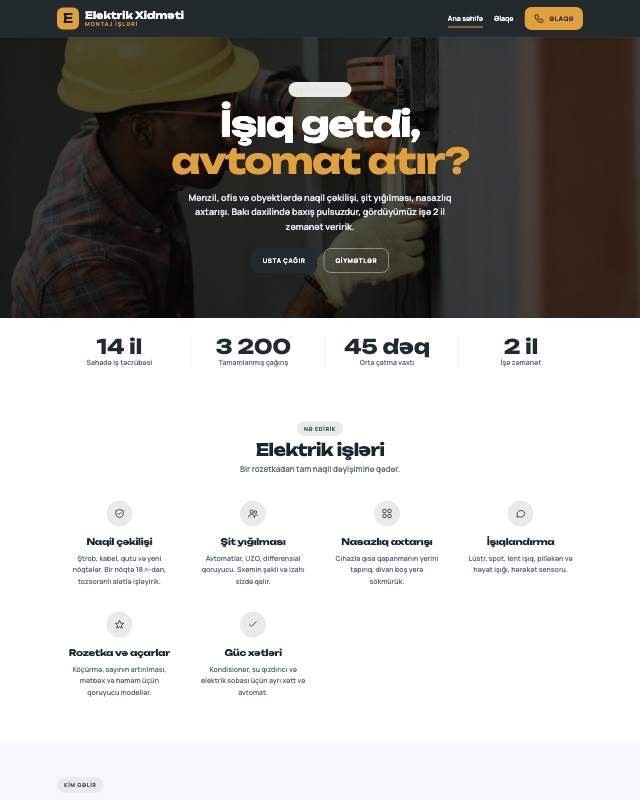 Elektrik xidməti · Kart veb sayt şablonunun ekran görüntüsü