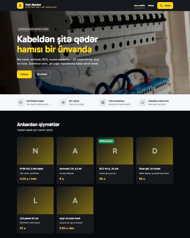 Elektrik malları mağazası üçün veb sayt şablonunun ekran görüntüsü
