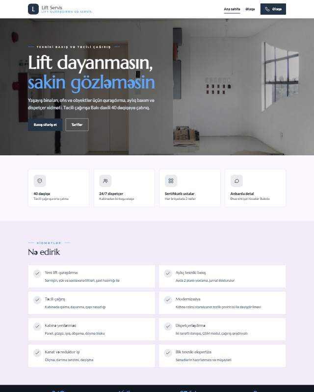 Lift servisi üçün veb sayt şablonunun ekran görüntüsü