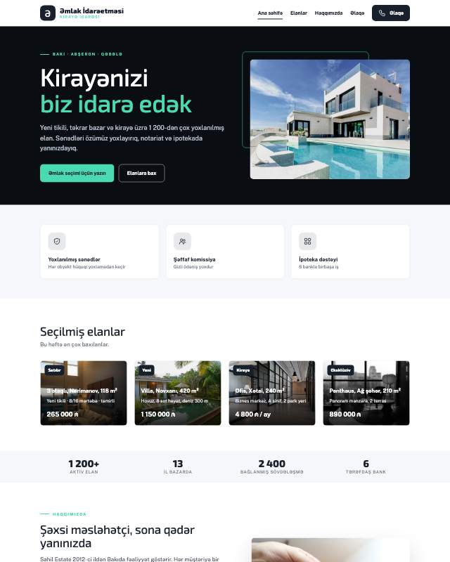 Əmlak idarəetməsi veb sayt şablonunun ekran görüntüsü