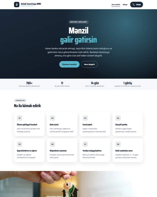 Əmlak investisiyası · Geniş sayt dizaynının ekran görüntüsü