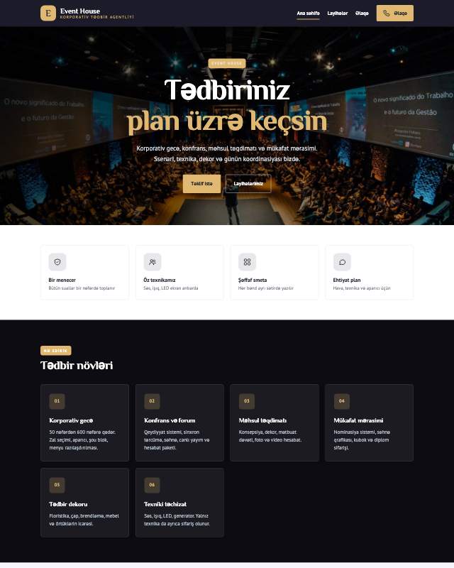 Tədbir agentliyi sayt dizaynının ekran görüntüsü