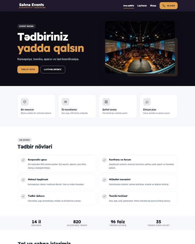 Tədbir agentliyi · Səhnə veb sayt şablonunun ekran görüntüsü