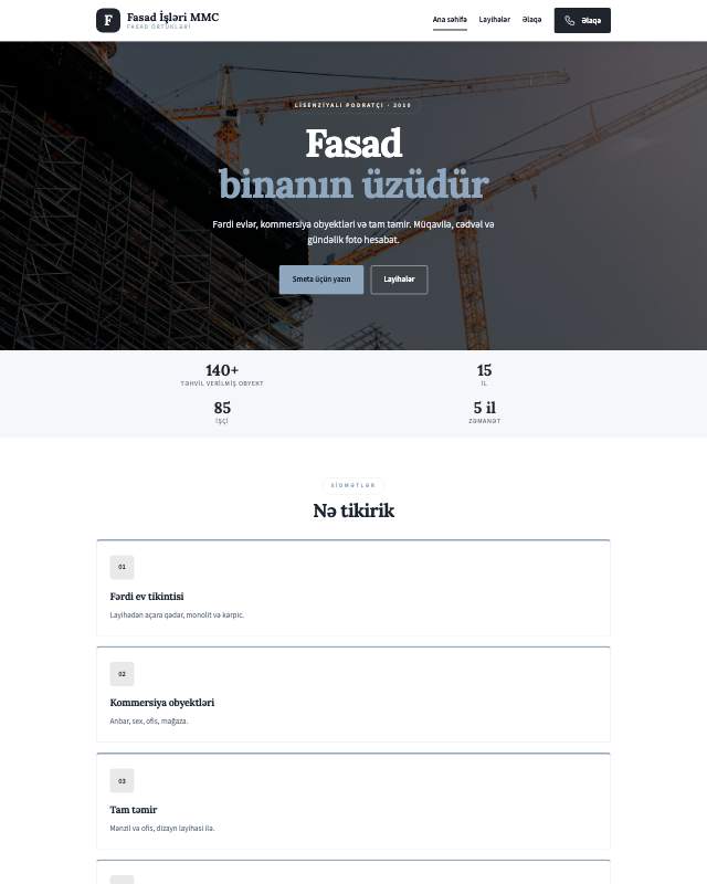 Fasad işləri · Studiya veb sayt şablonunun ekran görüntüsü