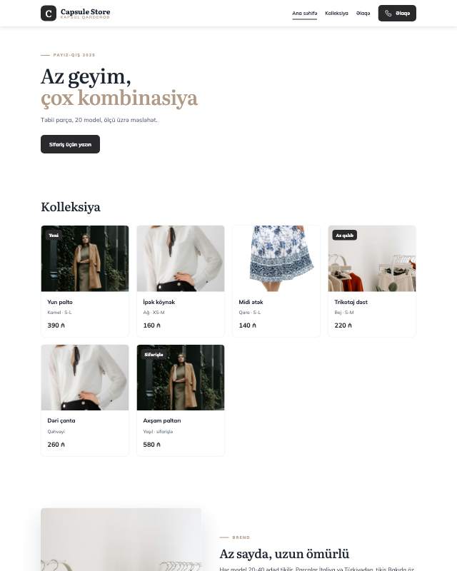 Geyim butiki · Minimal veb sayt şablonunun ekran görüntüsü