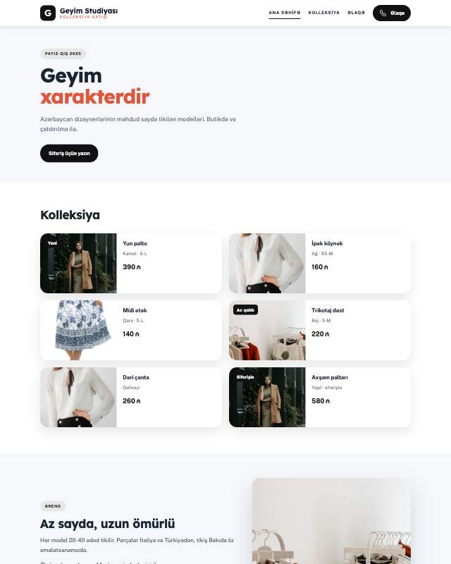 Geyim butiki · Kontrast veb sayt şablonunun ekran görüntüsü