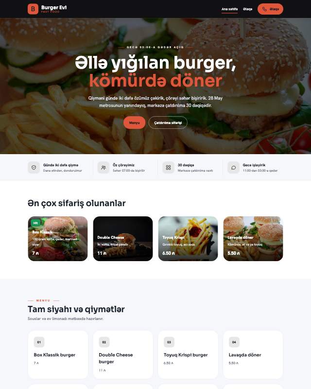 Fast food restoranı üçün veb sayt şablonu «Kontrast»: ekran görüntüsü