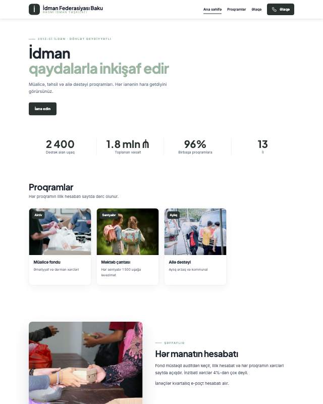 İdman federasiyası üçün veb sayt şablonu «Sakit»: ekran görüntüsü