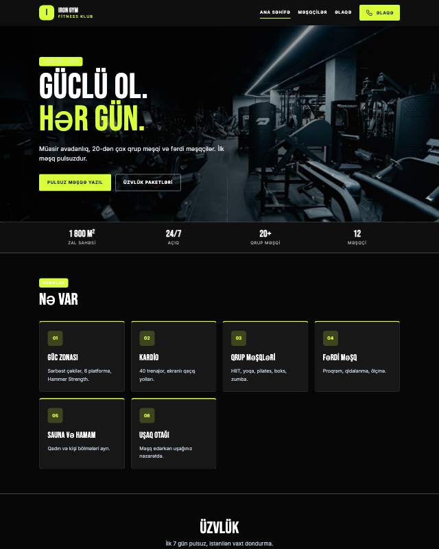 Fitness klub üçün veb sayt şablonunun ekran görüntüsü