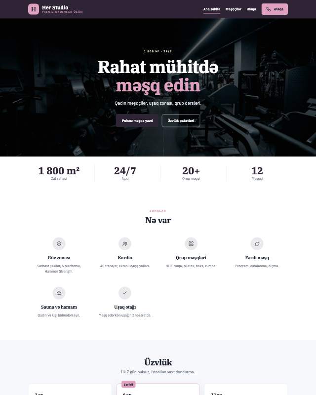 Fitness klub · Qadın sayt dizaynının ekran görüntüsü