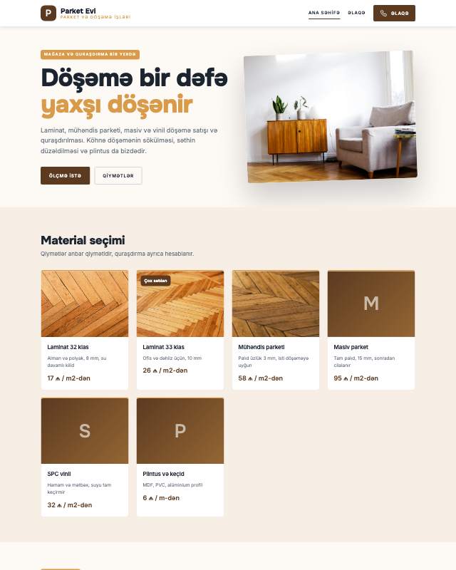 Parket və döşəmə mağazası üçün veb sayt şablonunun ekran görüntüsü