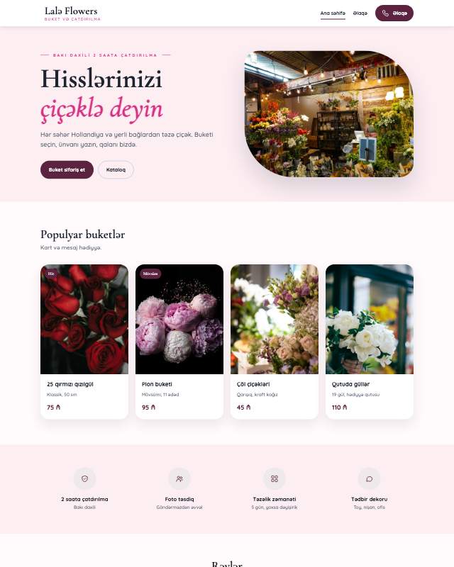 Çiçək mağazası sayt dizaynının ekran görüntüsü