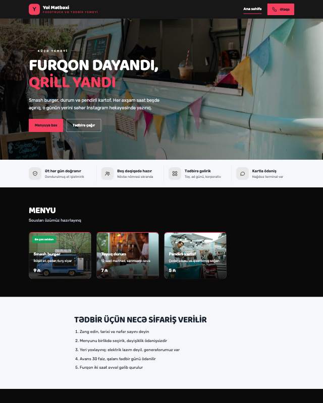 Food truck üçün veb sayt şablonunun ekran görüntüsü