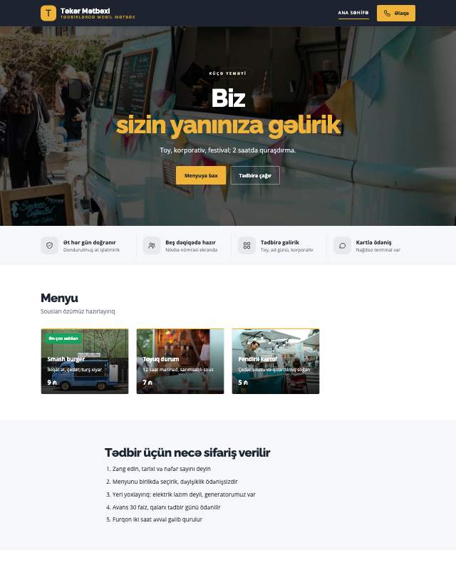 Food truck üçün veb sayt şablonu «Küçə»: ekran görüntüsü