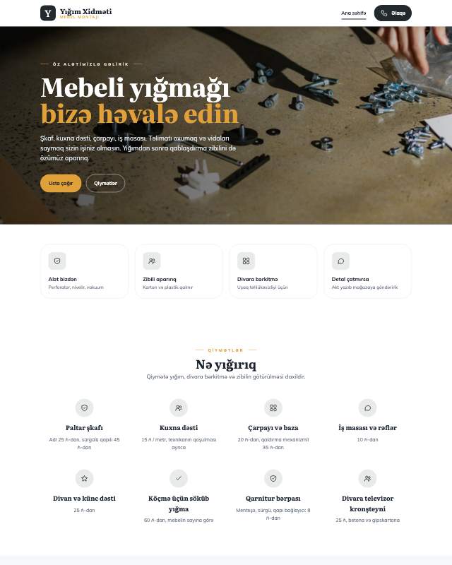 Mebel yığımı xidməti üçün veb sayt şablonu «Kart»: ekran görüntüsü
