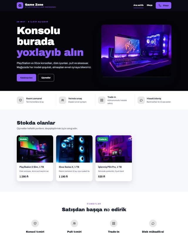 Oyun konsolları mağazası üçün veb sayt şablonunun ekran görüntüsü