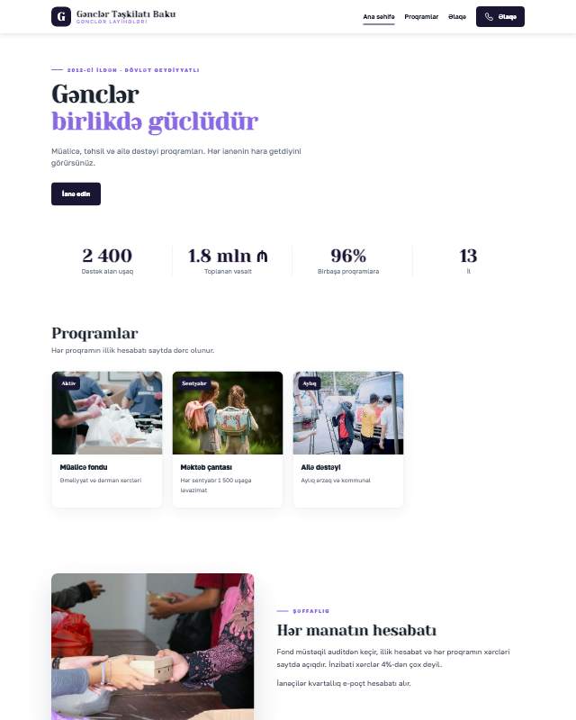 Gənclər təşkilatı · Gradient veb sayt şablonunun ekran görüntüsü