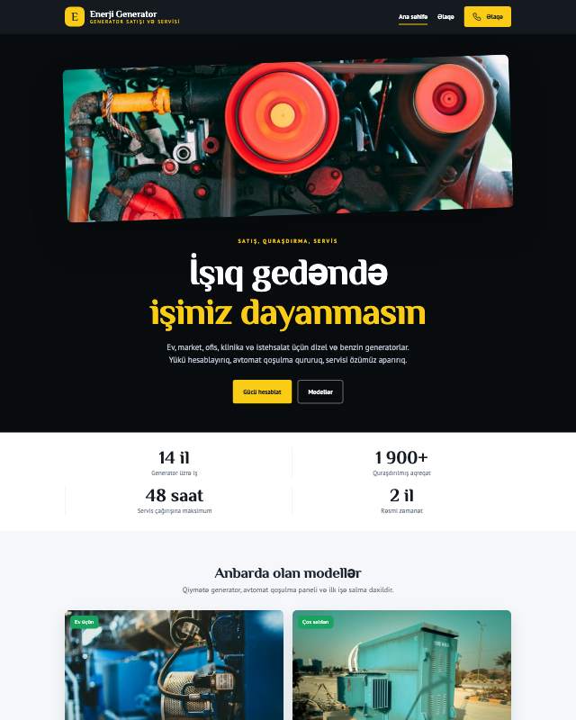 Generator satışı üçün veb sayt şablonunun ekran görüntüsü