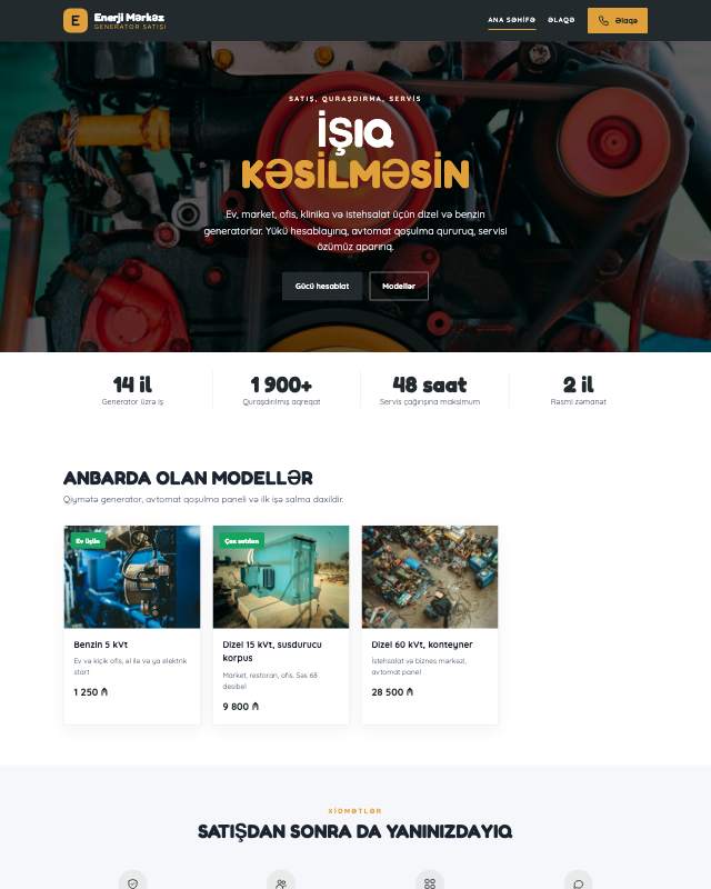 Generator satışı · Kart veb sayt şablonunun ekran görüntüsü