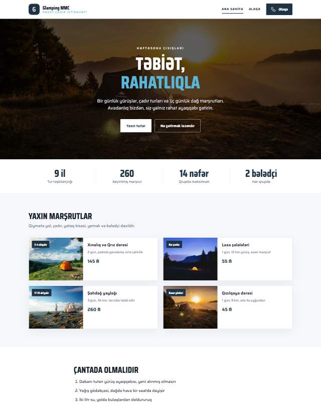 Glamping · Təmiz veb sayt şablonunun ekran görüntüsü