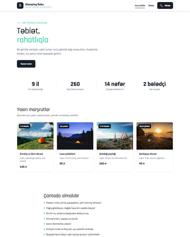 Glamping üçün veb sayt şablonu «Modern»: ekran görüntüsü