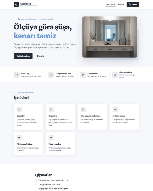 Şüşə və güzgü xidməti üçün veb sayt şablonu «Sadə»: ekran görüntüsü