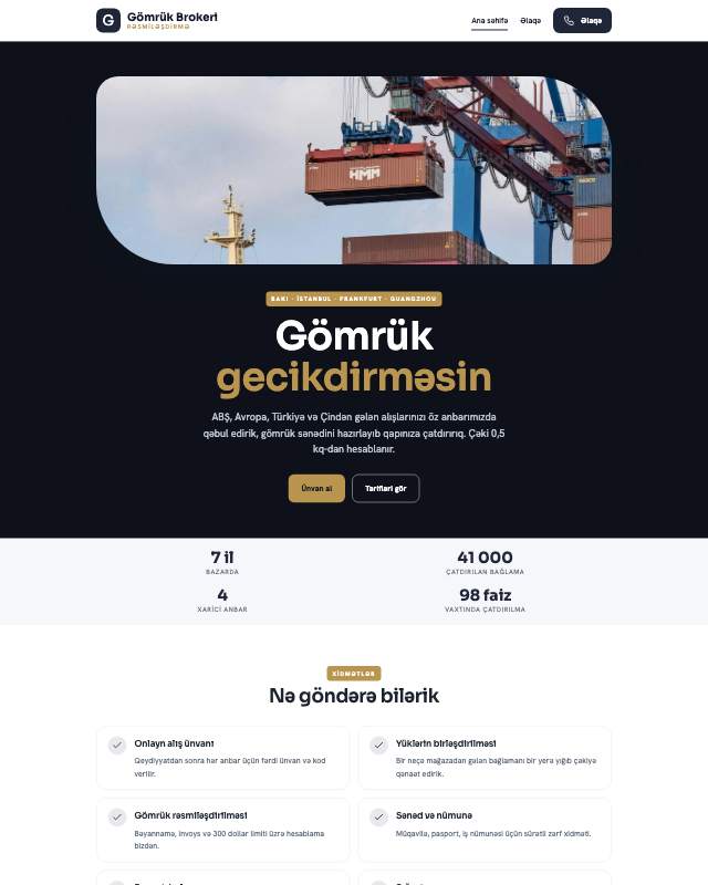 Gömrük brokeri veb sayt şablonunun ekran görüntüsü