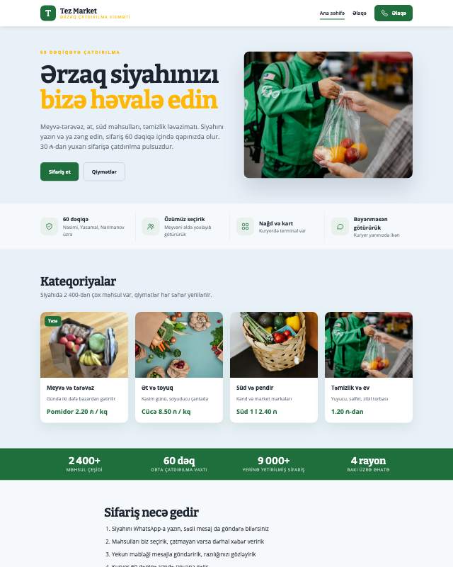 Ərzaq çatdırılma sayt dizaynının ekran görüntüsü