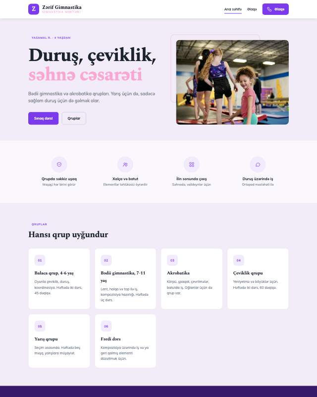 Gimnastika məktəbi üçün veb sayt şablonunun ekran görüntüsü