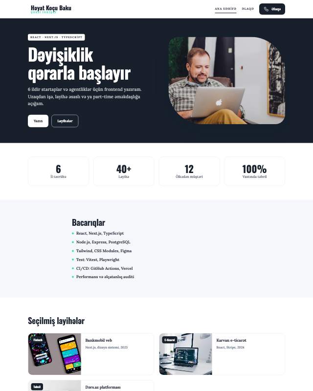 Həyat koçu · Modern sayt dizaynının ekran görüntüsü