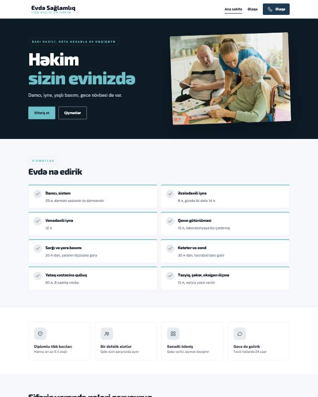 Evdə tibbi xidmət · 24 saat sayt dizaynının ekran görüntüsü