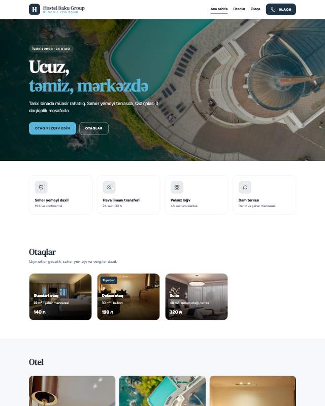 Hostel · Təmiz veb sayt şablonunun ekran görüntüsü