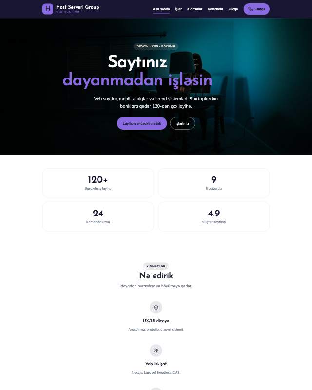 Veb hostinq · Gradient sayt dizaynının ekran görüntüsü