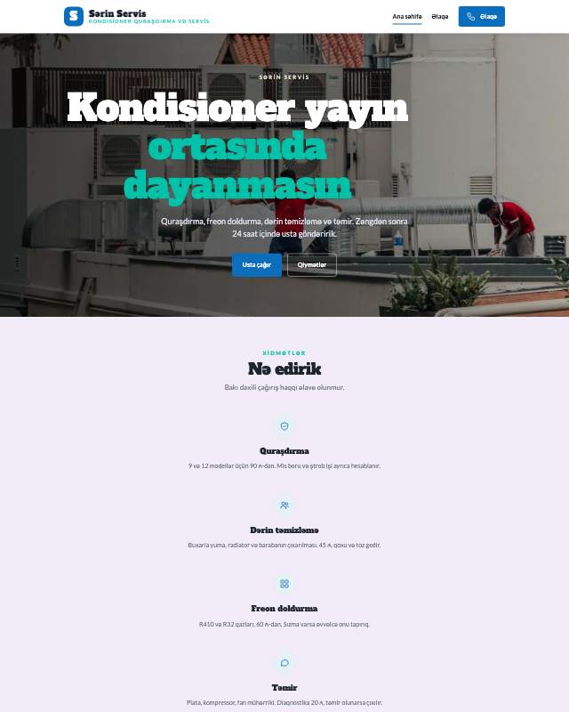 Kondisioner servis sayt dizaynının ekran görüntüsü