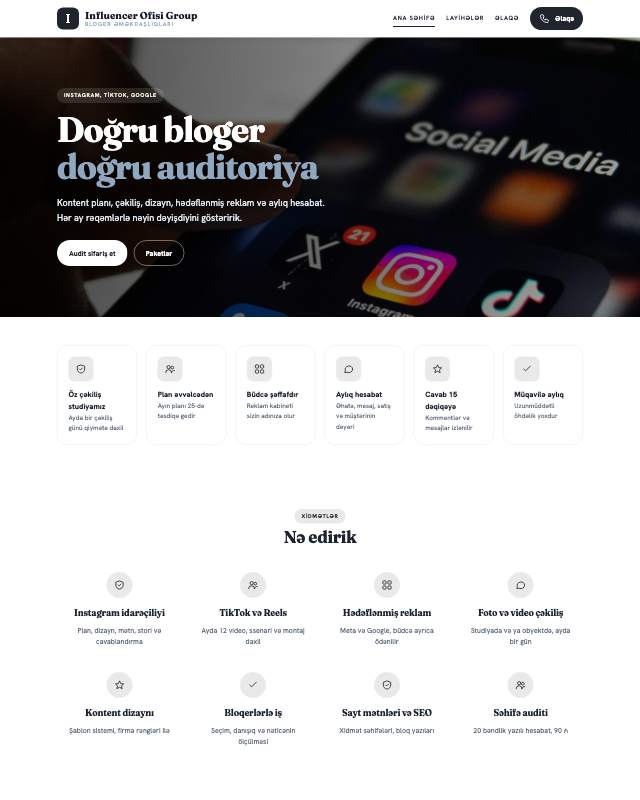 Influencer agentliyi · Studiya veb sayt şablonunun ekran görüntüsü