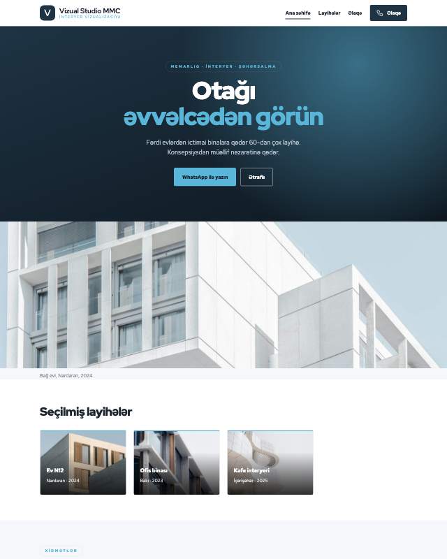 İnteryer vizualizasiya studiyası üçün veb sayt şablonu «Təmiz»: ekran görüntüsü