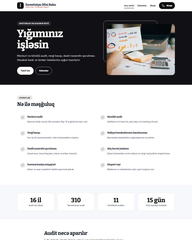 İnvestisiya məsləhəti · Kontrast sayt dizaynının ekran görüntüsü
