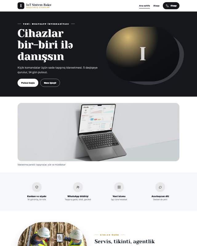 IoT həlləri · Tünd sayt dizaynının ekran görüntüsü