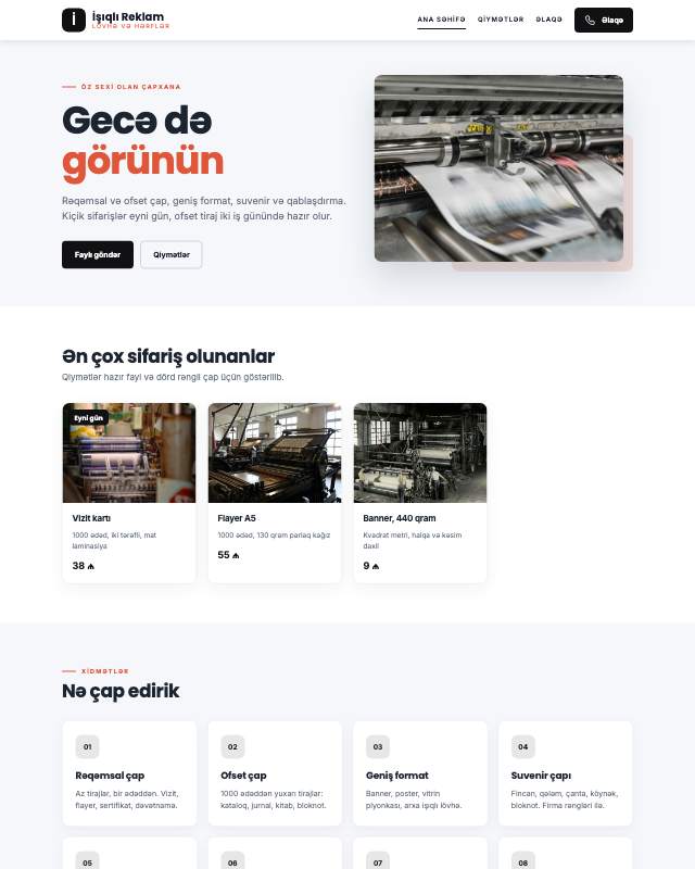 İşıqlı reklam üçün veb sayt şablonunun ekran görüntüsü