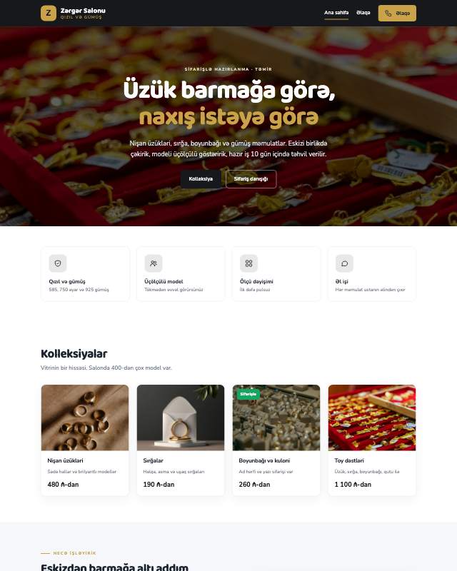 Zərgərlik mağazası üçün veb sayt şablonu «Tünd»: ekran görüntüsü