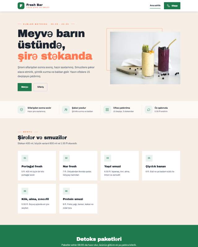 Fresh və smuzi bar üçün veb sayt şablonunun ekran görüntüsü