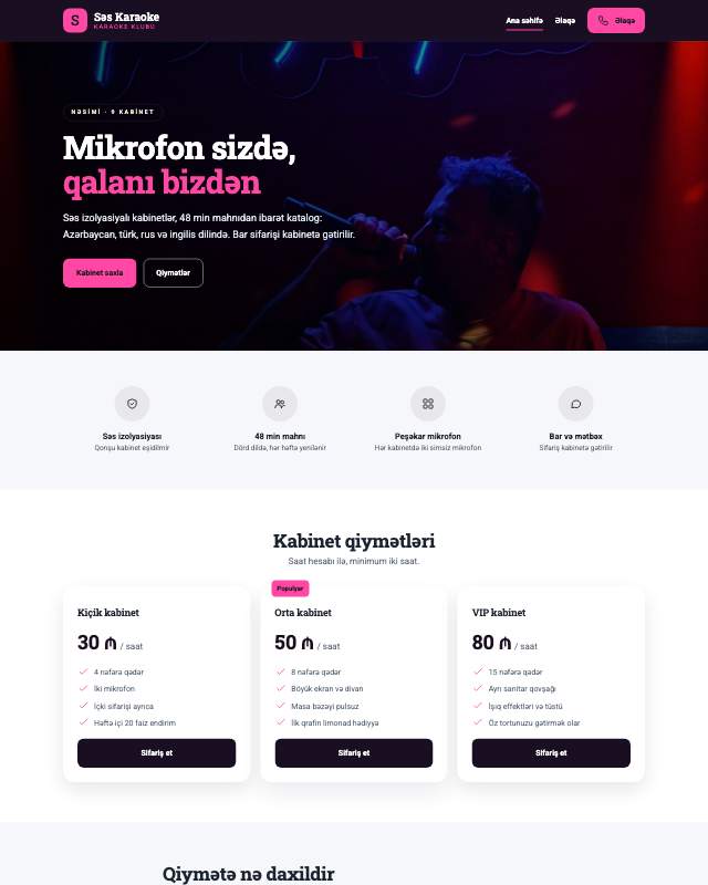 Karaoke bar üçün veb sayt şablonunun ekran görüntüsü