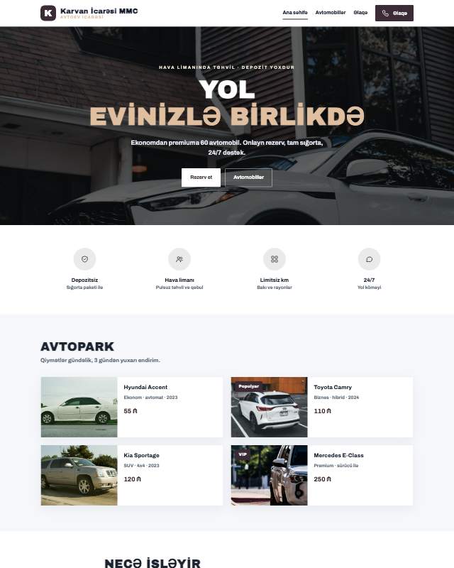 Karvan icarəsi üçün veb sayt şablonu «Zərif»: ekran görüntüsü