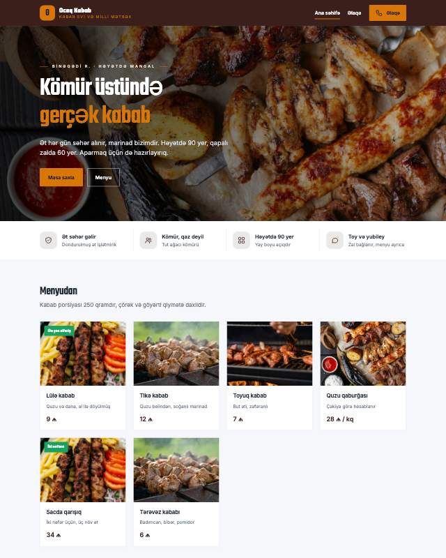 Kabab evi üçün veb sayt şablonunun ekran görüntüsü