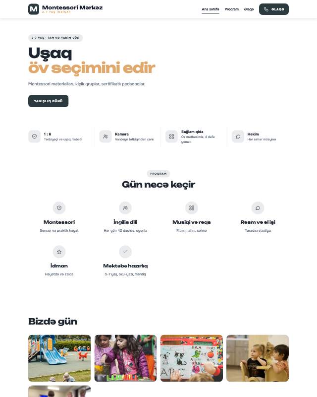 Uşaq inkişaf mərkəzi üçün veb sayt şablonu «Montessori»: ekran görüntüsü